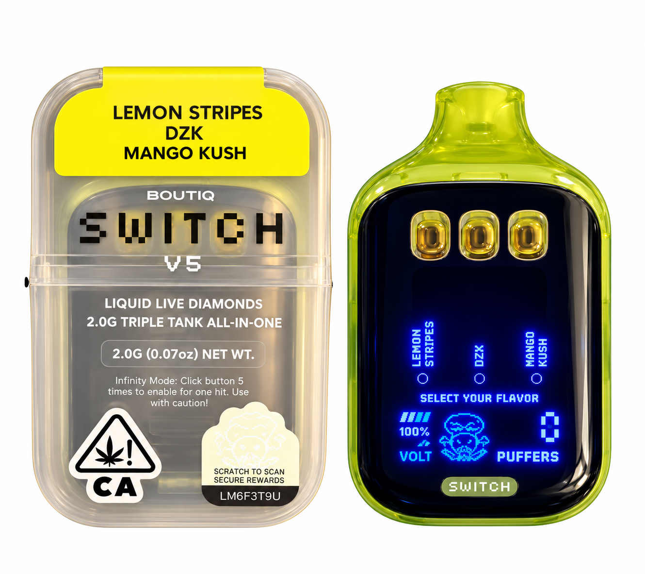 Boutiq Switch V5-2G (S)Lemon Stripes(I)Ozk(H)Mango Kush Triple Tank Dispo
