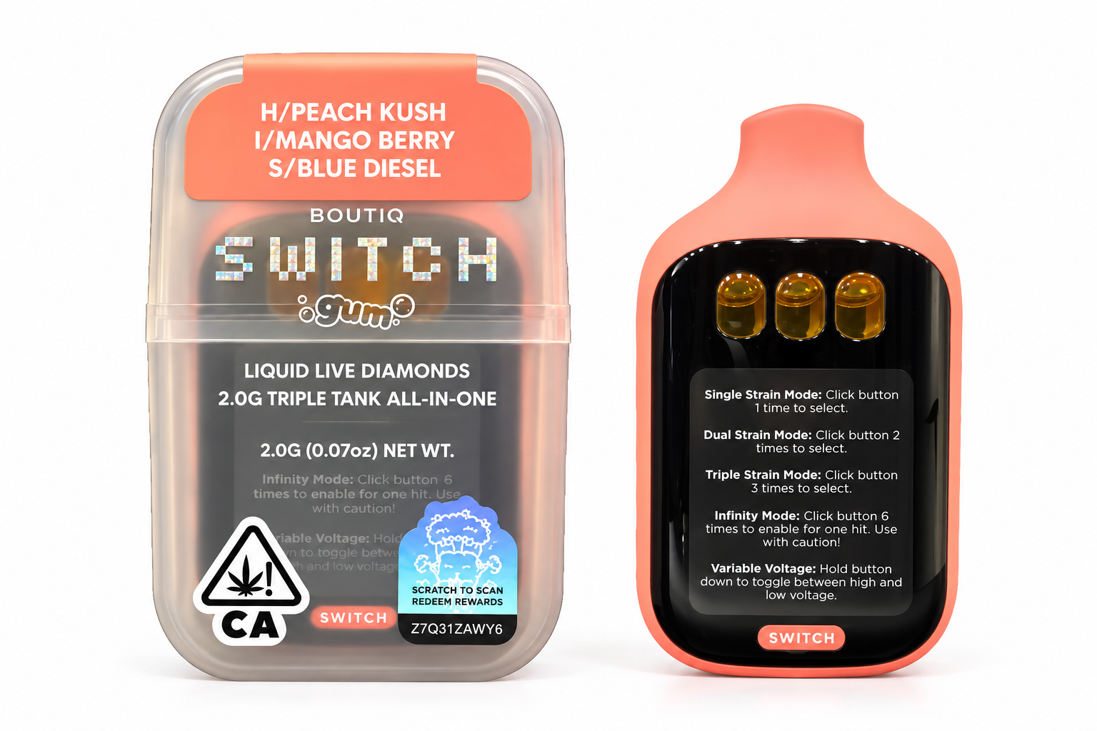 Boutiq Switch Gum 2G - (H) Peach Kush / (I) Mango Berry / (S) Blue Diesel